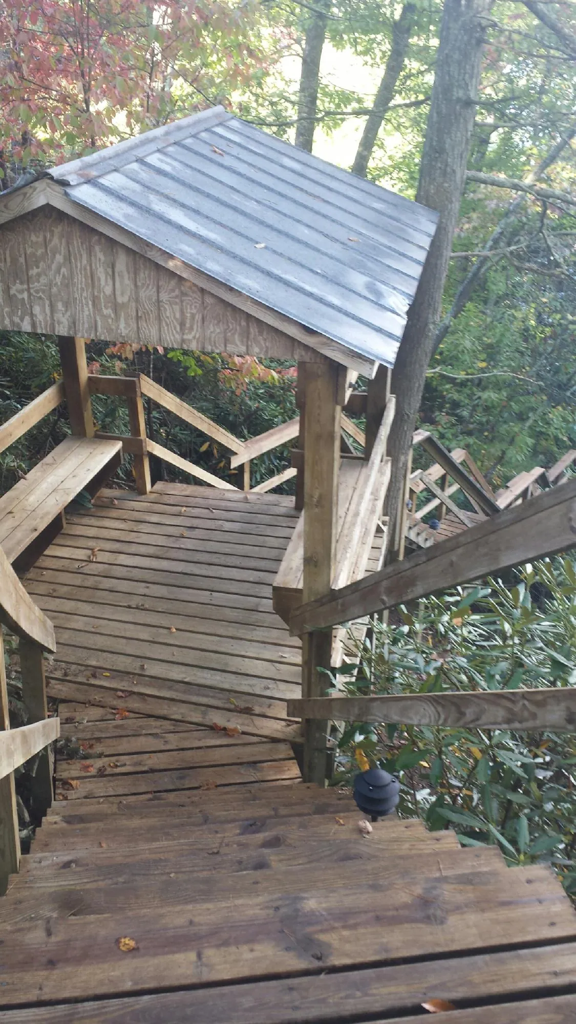 Metal roofed shelter over wooden steps on a wooded walkway — Skylight Repair & Installation work by our crew in Laingsburg