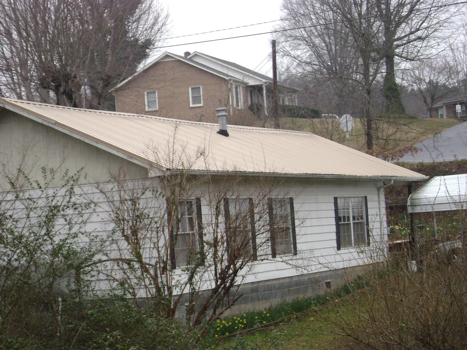 Tan metal roof on a white sided house set into a hillside — Commercial Roofing by Roofing Brothers in Laingsburg